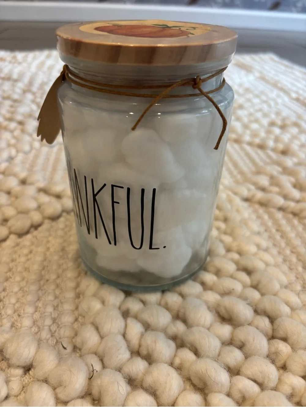 NWT Rae Dunn Thankful Fall glass jar container with 60 cotton balls
